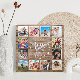 Custom Photo Collage Family Love Script Wood Square Wall Clock