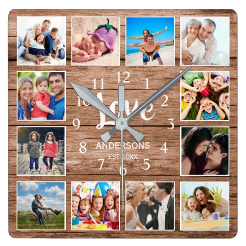 Custom Photo Collage Family Love Script Wood Square Wall Clock