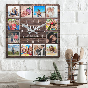 Custom Photo Collage Family Love Script Wooden Square Wall Clock
