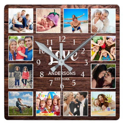 Custom Photo Collage Family Love Script Wooden Square Wall Clock