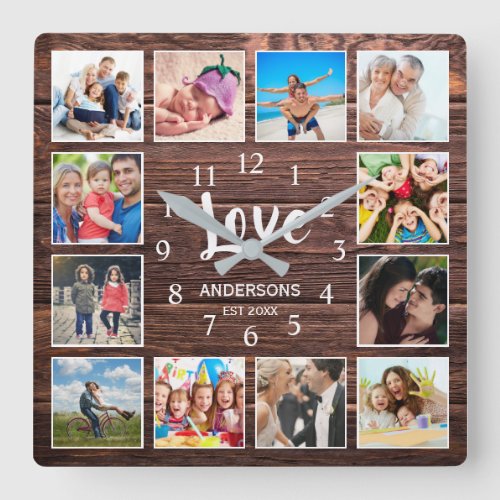 Custom Photo Collage Family Love Script Wooden Square Wall Clock
