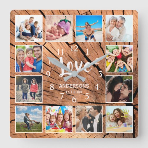 Custom Photo Collage Family Love Wood Log Square Wall Clock