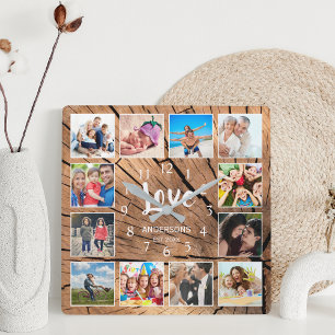 Custom Photo Collage Family Love Wood Log Square Wall Clock