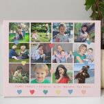 Custom photo collage family name colorful hearts faux canvas print<br><div class="desc">Happy family script name keepsake gift with 12 custom square photo collage and colorful hearts spread over a pastel pink blush (changeable) background.          Upload your photos and personalize the text!</div>