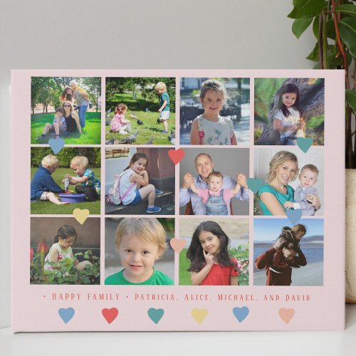 Custom photo collage family name colorful hearts faux canvas print