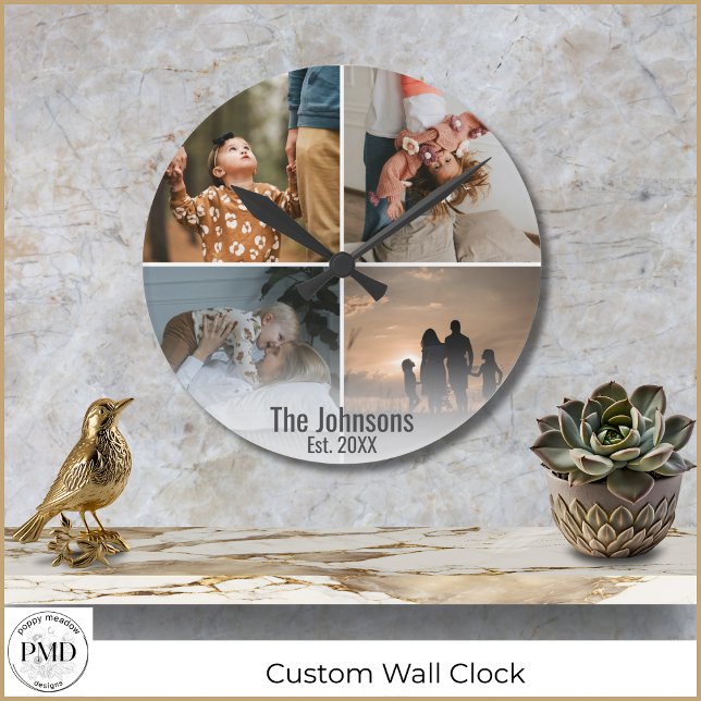 Custom Photo Collage Family Name Date Round Clock (Custom Photo Collage Family Name Date Round Wall Clock with 4 photos, date established.
)