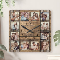 Custom Photo Collage Family Rustic Wooden Barrel Square Wall Clock