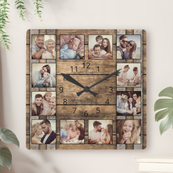 Custom Photo Collage Family Rustic Wooden Barrel Square Wall Clock by sweetbirdiestudio at Zazzle