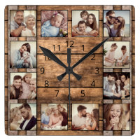 Custom Photo Collage Family Rustic Wooden Barrel Square Wall Clock