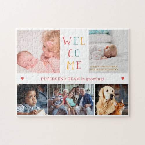 Custom photo collage family WELCOME new baby Jigsaw Puzzle