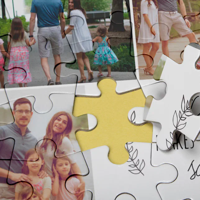 A jigsaw puzzle showing a family of four with a piece missing. The final piece is raised, as if it is about to be added.
