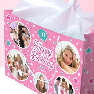 Custom Photo Collage Girls Birthday Bright Pink Large Gift Bag