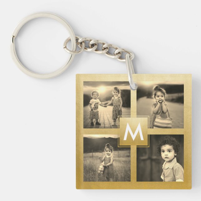 Custom Photo Collage Gold Monogram 4 Images Keychain (Front)