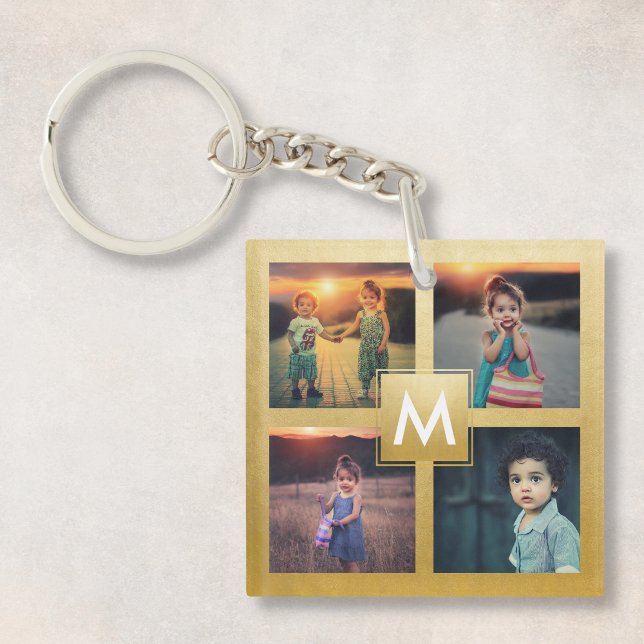 Custom Photo Collage Gold Monogram Keepsake Family Keychain (Creator Uploaded)