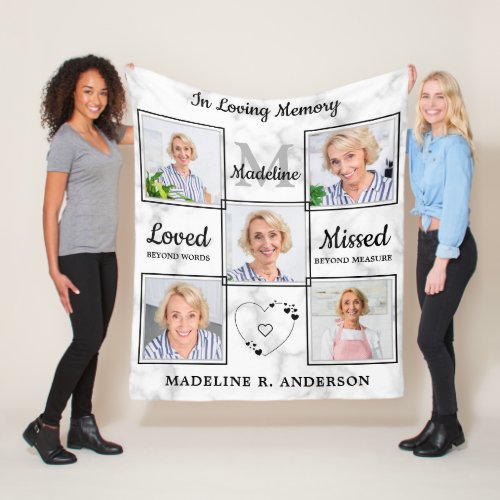 Custom Photo Collage In Loving Memory Memorial  Fleece Blanket - Honor your loved one with a custom unique memorial blanket in a modern white marble design.  This memorial photo collage blanket is the perfect gift for yourself, family or friends to honor those loved . 
 We hope your memorial in loving memory blanket will bring you joy , peace , and happy memories . 
 Quote " In Loving Memory.. Loved beyond words , Missed beyond measure. " 
 See 'personalize this template' to change photos, monogram initial, and name, dates .COPYRIGHT © 2020 Judy Burrows, Black Dog Art - All Rights Reserved. Personalized Memorial Loving Memory Photo Collage Fleece Blanket