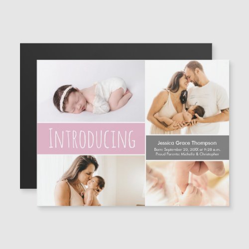 Custom Photo Collage Introducing baby girl pink  Magnetic Invitation