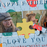 Custom photo collage love dad Father's Day gift Jigsaw Puzzle<br><div class="desc">Colorful red,  mint green,  and yellow-orange falling balloons on a pastel blue background,  your custom three photos and navy text making a cute pretty keepsake Happy Father's Day keepsake gift for your dad or grandpa!</div>