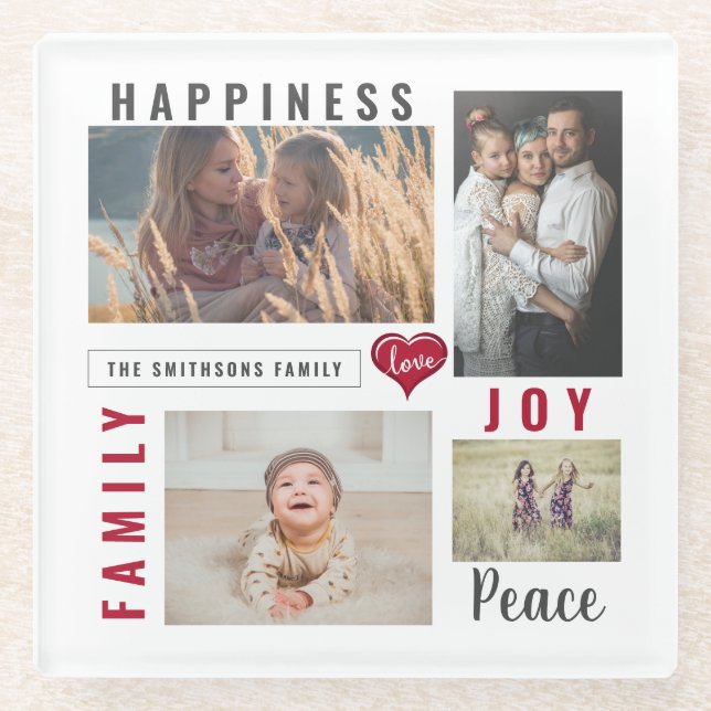 Custom Photo Collage Love Joy Family Glass Coaster (Front)