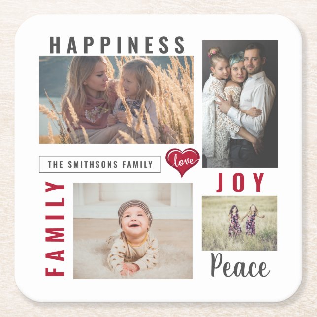 Custom Photo Collage Love Joy Family Square Paper Coaster (Front)