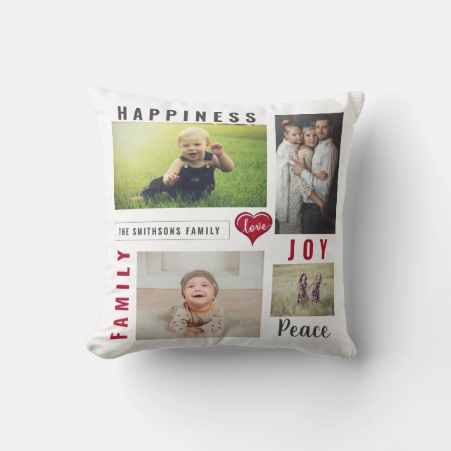 Custom Photo Collage Love Joy Family Throw Pillow (Front)