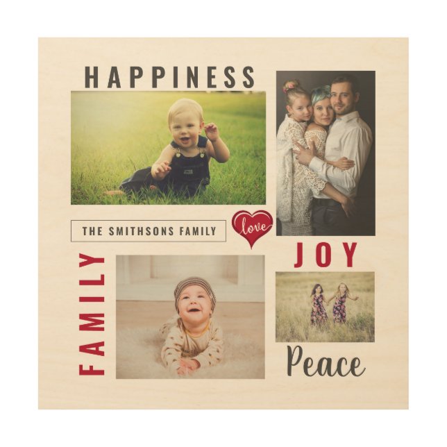 Custom Photo Collage Love Joy Family Wood Wall Art (Front)
