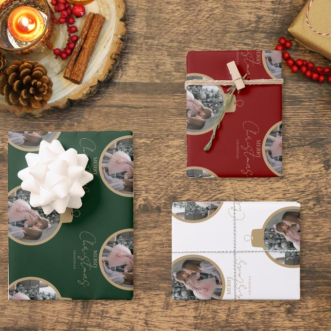 custom photo collage Merry Christmas bauble Wrapping Paper Sheets (Creator Uploaded)