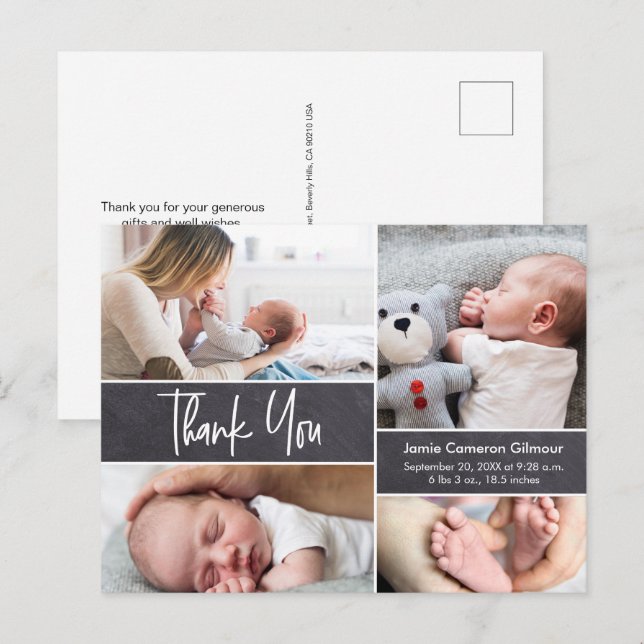 Custom Photo collage modern chalkboard baby boy Invitation Postcard (Front/Back)
