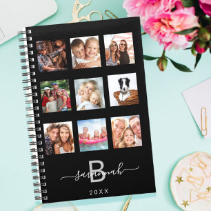 Custom photo collage monogram black modern 2026 planner