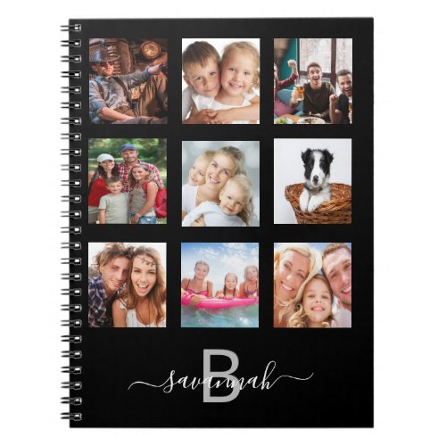 Custom photo collage monogram black modern diary notebook