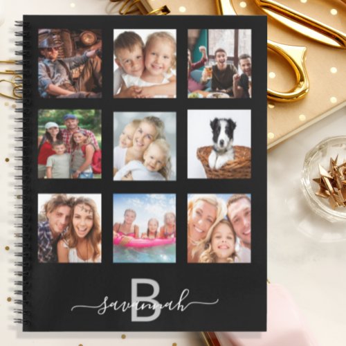 Custom photo collage monogram black modern diary notebook