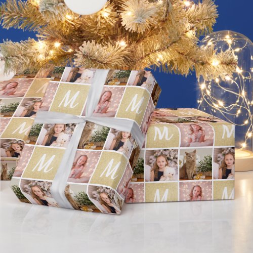 Custom Photo Collage Monogram Christmas Gold Wrapping Paper