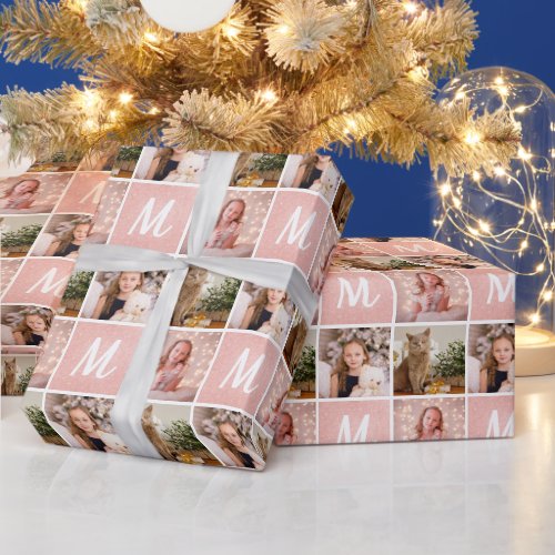 Custom Photo Collage Monogram Christmas Rose Gold Wrapping Paper