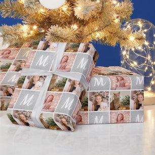 Custom Photo Collage Monogram Christmas Silver Wrapping Paper