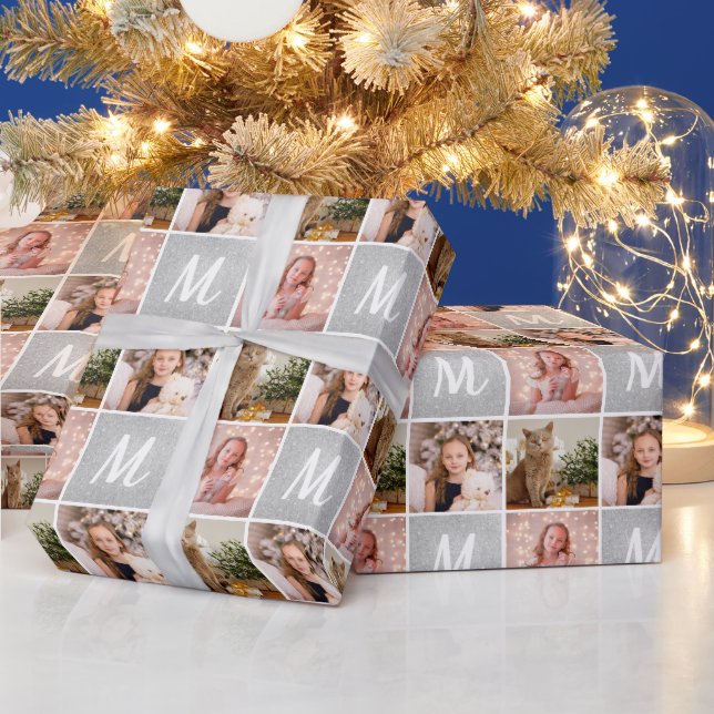 Custom Photo Collage Monogram Christmas Silver Wrapping Paper (Holidays)