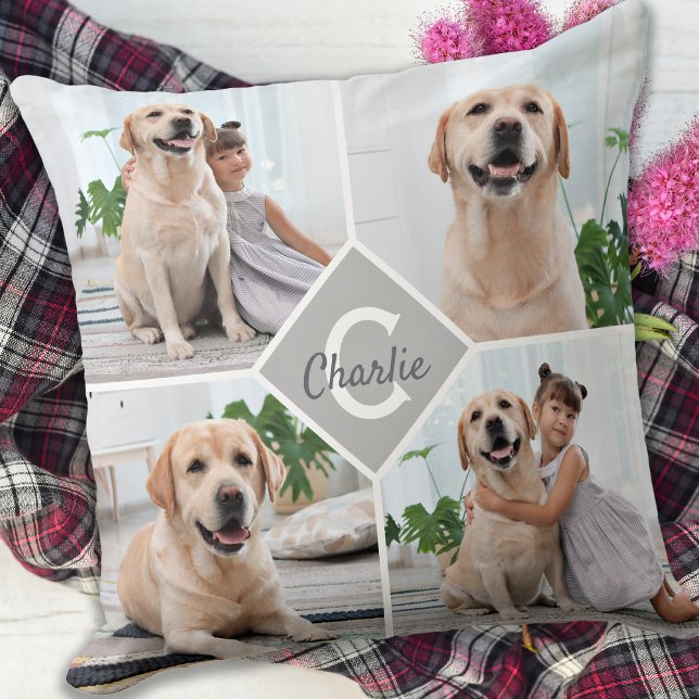 Custom Photo Collage Monogram Name Dog Throw Pillow (Creator Uploaded)