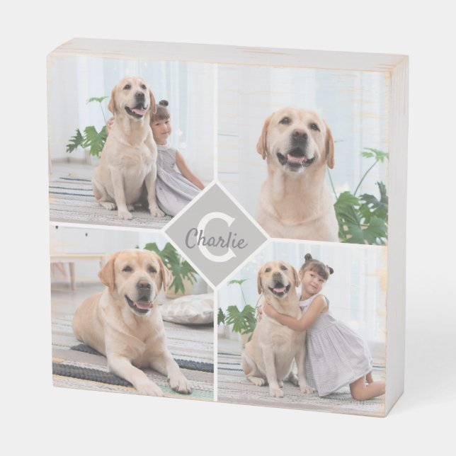 Custom Photo Collage Monogram Name Dog Wooden Box Sign (Angled Horizontal)