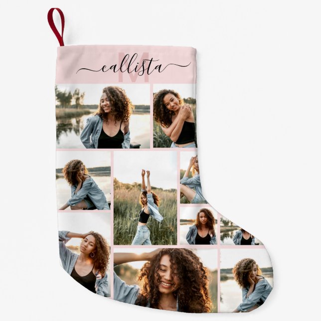 Custom Photo Collage Monogram Name Initial Small Christmas Stocking (Front)