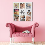Custom photo collage monogram name white faux canvas print<br><div class="desc">A collage of 8 of your photos. Add images of family,  friends,  pets,  hobbies or dream travel destination. Personalize and add a name,  your monogram initial.  White and gray colored letters.  A chic white background.</div>