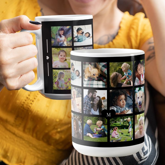 Custom photo collage monogram personalized black coffee mug (Creator Uploaded)