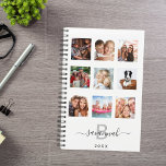 Custom photo collage monogram white modern 2025 planner<br><div class="desc">Make your own unique family photo collage as a gift or for yourself. Use four, 9 of your favorite photos of your family, friends, dream travel destination or pet! Personalize and add a name, your monogram letter and a year. The name is written with a modern hand lettered style script...</div>