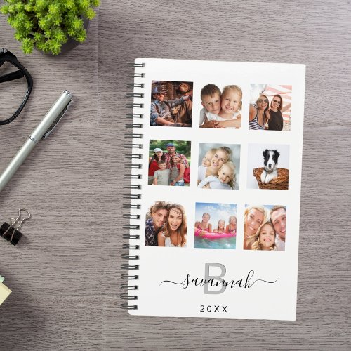 Custom photo collage monogram white modern 2025 planner