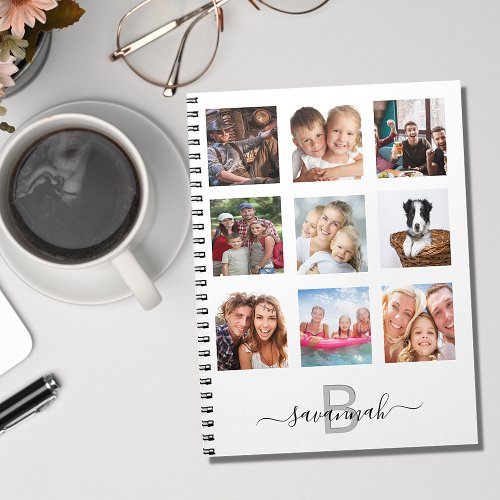 Custom photo collage monogram white modern diary notebook