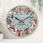 Custom Photo Collage Natural Wood Family Name Round Clock<br><div class="desc">Easily create your own personalized blue rustic driftwood planks lake house style wall clock with your custom photos,  family name and established year. For best results,  crop the images to square - with the focus point in the center - before uploading.</div>