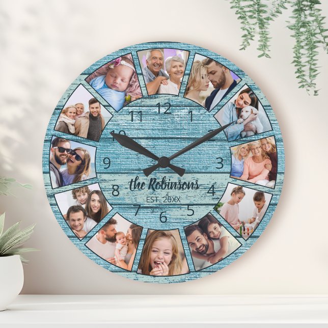 Custom Photo Collage Natural Wood Family Name Round Clock (Creator Uploaded)
