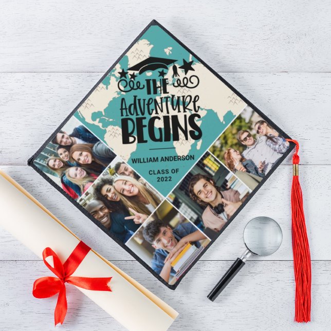 Custom photo collage personalized adventure begins graduation cap topper (Creator Uploaded)
