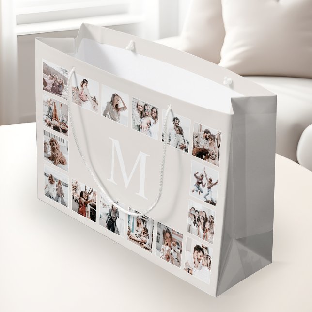 Custom Photo Collage Personalized Beige Large Gift Bag (Creator Uploaded)