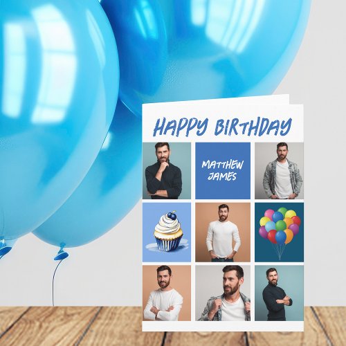 Custom Photo Collage Personalized Blue Birthday Card