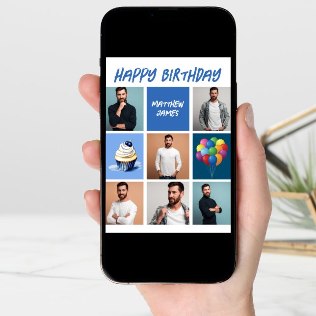 Custom Photo Collage Personalized Blue Birthday Card (Front Digital)