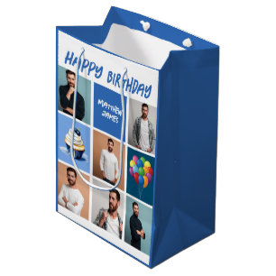 Custom Photo Collage Personalized Blue Birthday Medium Gift Bag