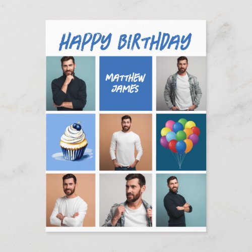 Custom Photo Collage Personalized Blue Birthday Postcard